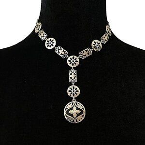 Vintage Liz Claiborne Y Necklace Silver Tone Black Flower Cut Out